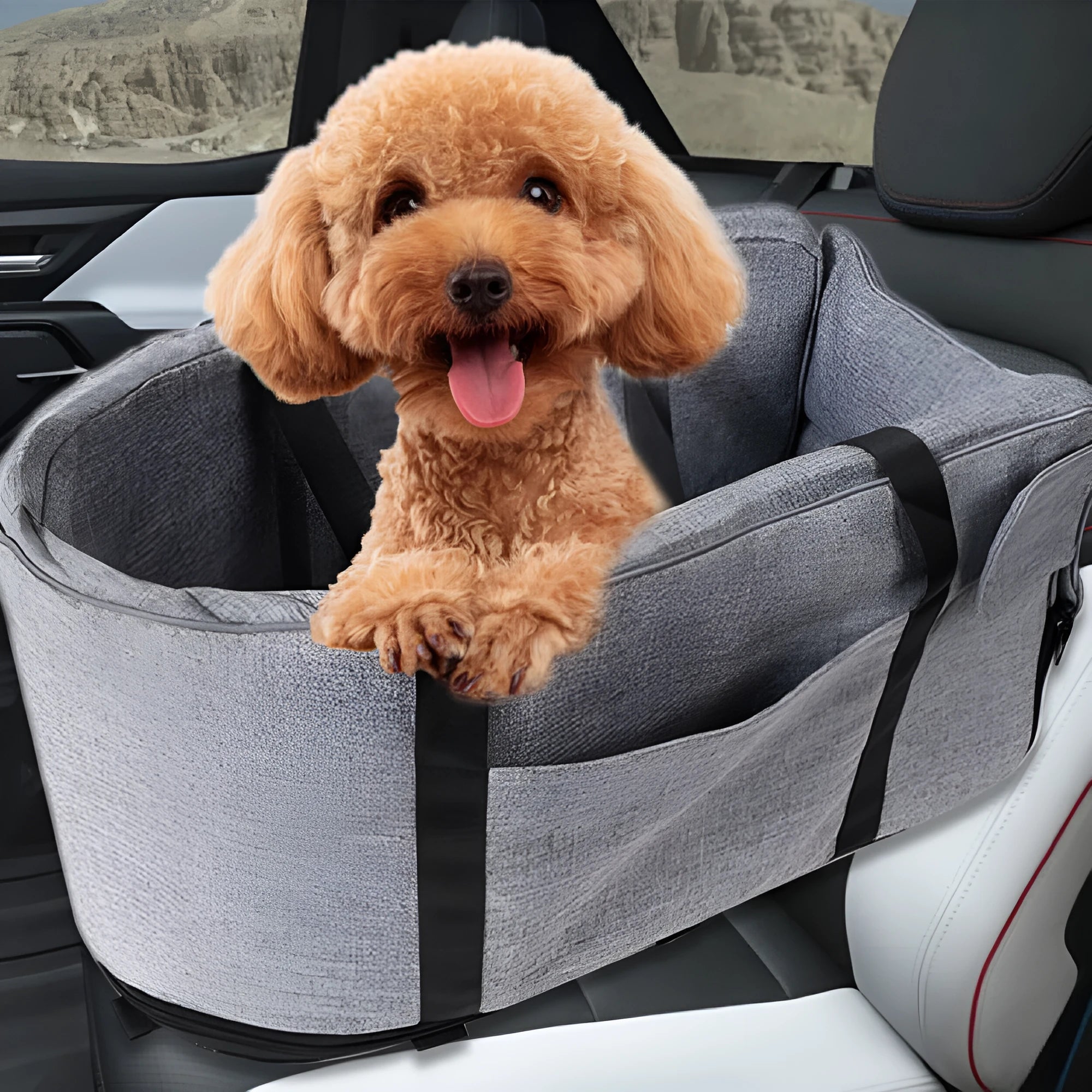 A portable grey cloth dog kennel with sponge insulation, suitable for outdoor and car use.