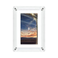 5-inch transparent acrylic digital photo frame with IPS screen and anti-dumping bracket, showing a photo on display