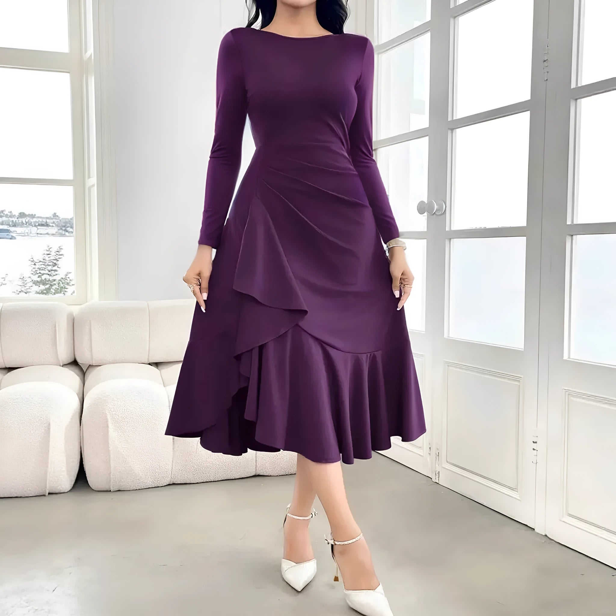 Purple women's long sleeve round neck dress with mid-waist and ruffled detailing.