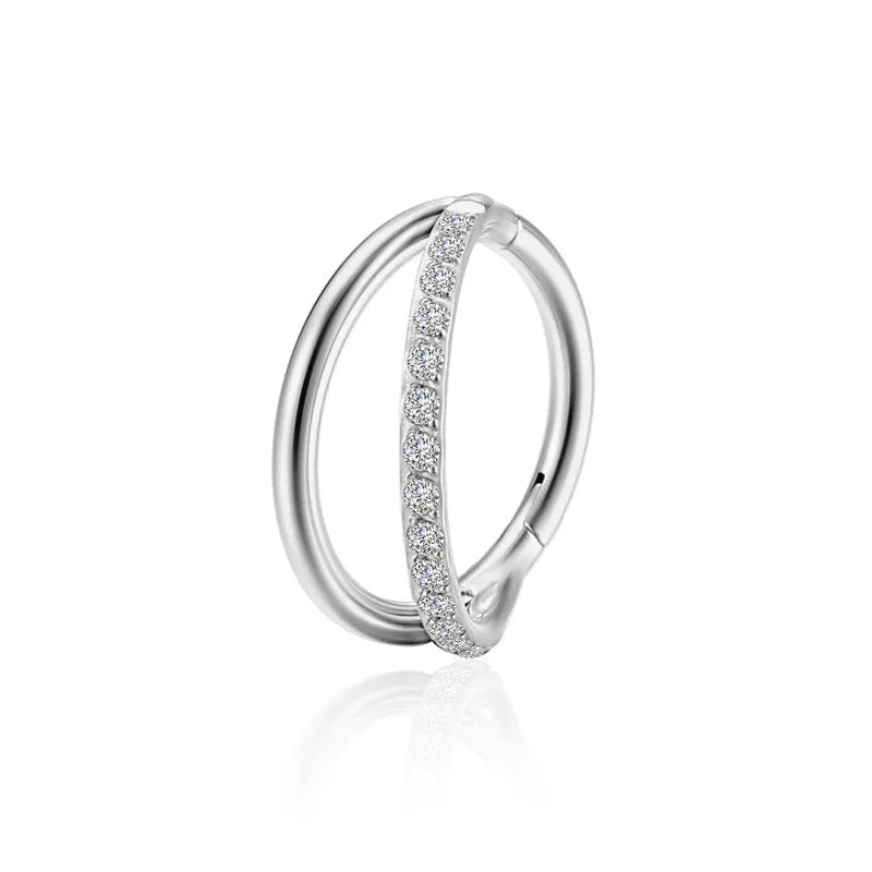 Titanium alloy nose ring showing plain and diamond-set versions in silver, gold, black, and rose gold colours.
