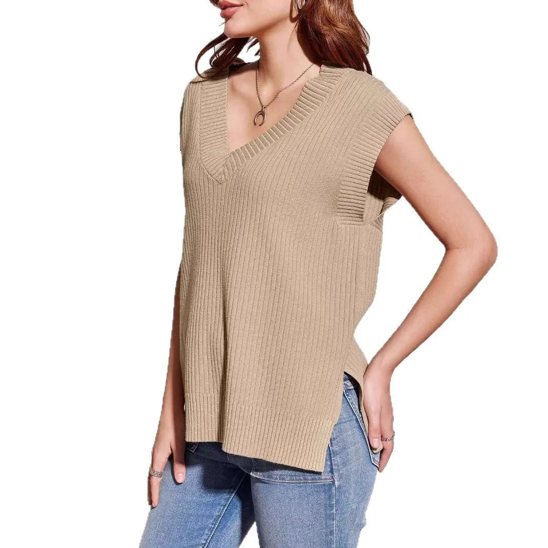 Sleeveless V-neck pullover vest in viscose fibre with striped pattern in camel colour