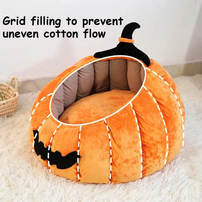 Halloween themed cat bed with cartoon pumpkin and devil design in soft plush fabric