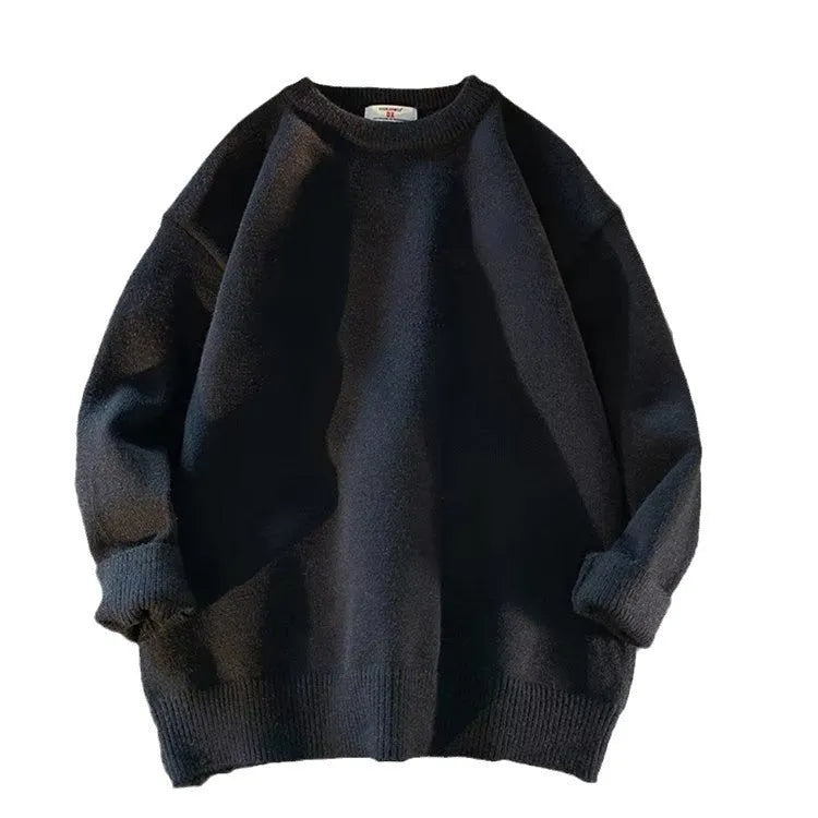 Men's loose round neck pullover sweater in multiple colour options: black, white, yellow, gray, light blue, and dark blue