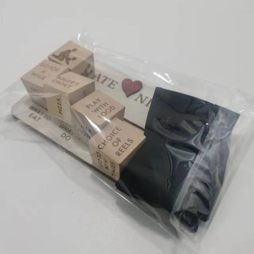 Wooden date night dice set with five dice, planner board and black storage bag for couples