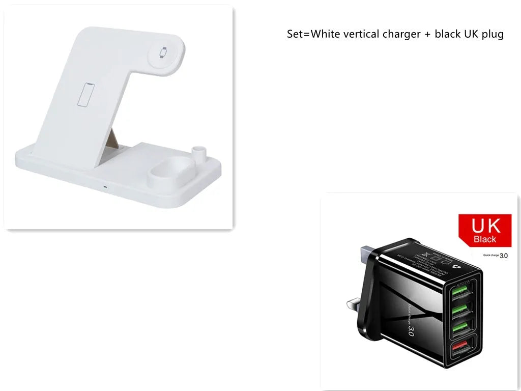 White 4-in-1 wireless charging station with phone on adjustable stand, Apple Watch, AirPods and Apple Pencil charging.