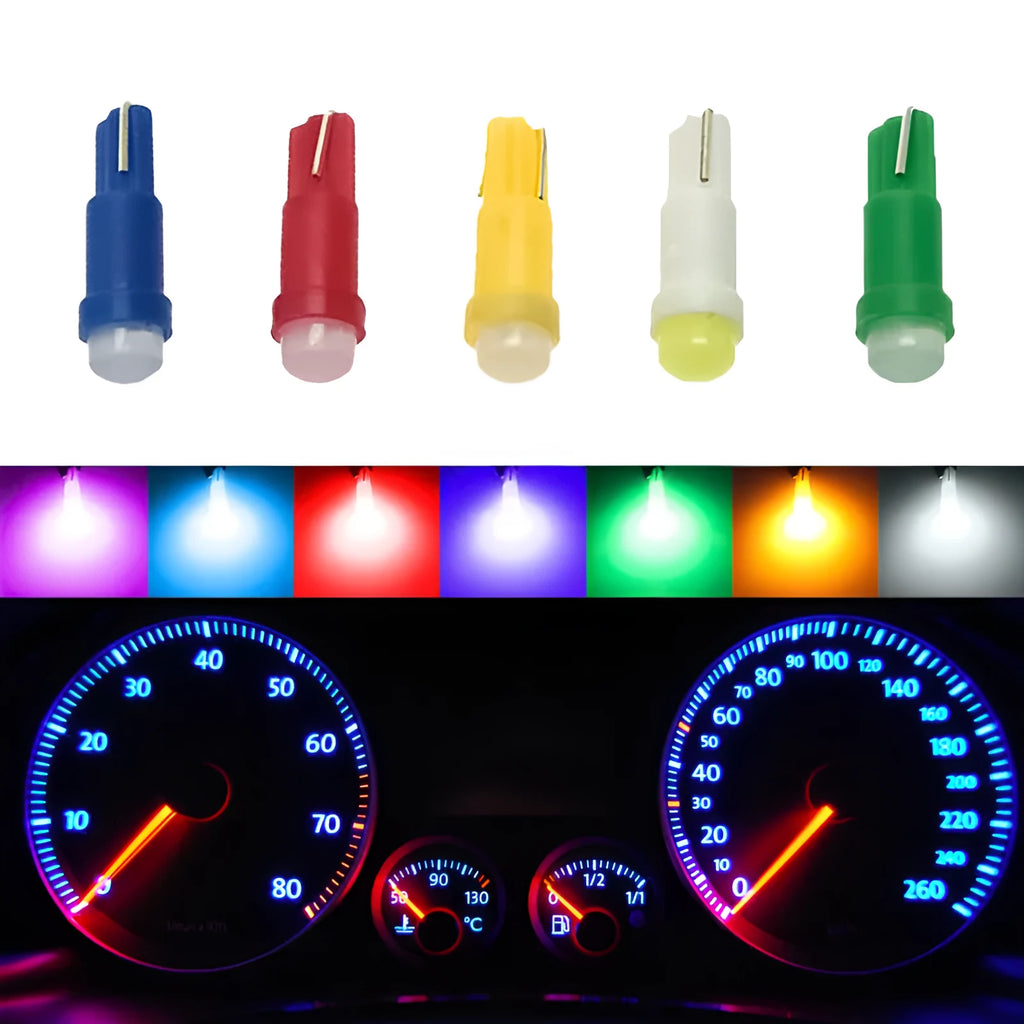 T5 LED car instrument light bulb with ceramic base, shown in blue colour option.