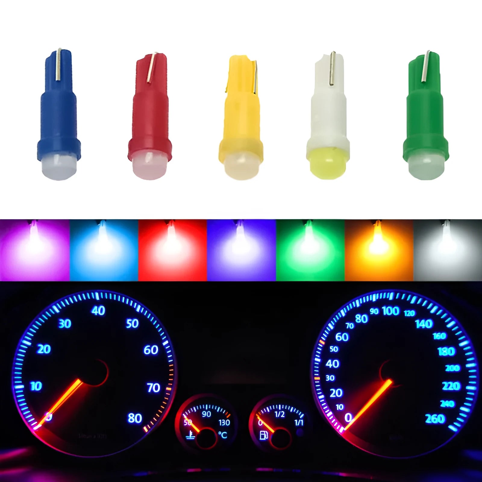 T5 LED car instrument light bulb with ceramic base, shown in blue colour option.