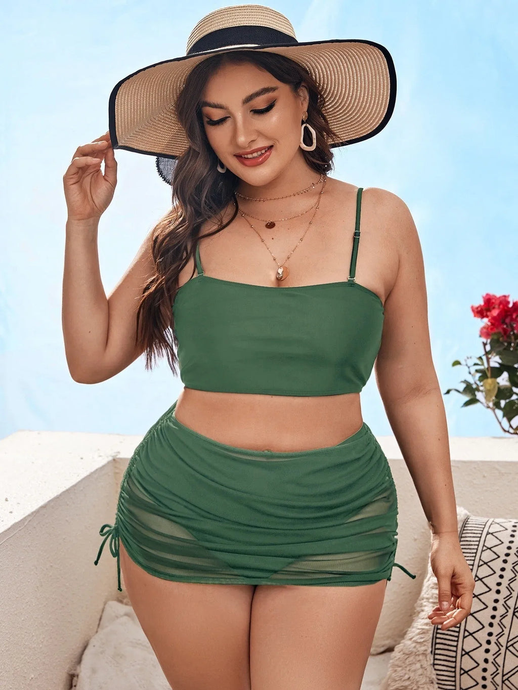 Women's solid colour mesh bikini three-piece set showing top, underwear, and apron on a mannequin.