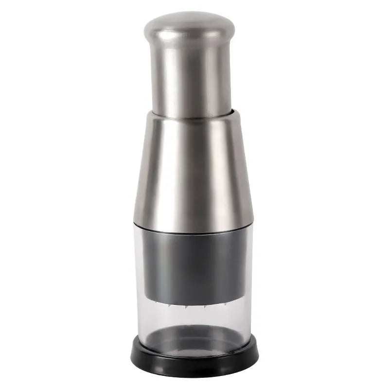 Manual garlic crusher and onion chopper kitchen gadget with stainless steel blades