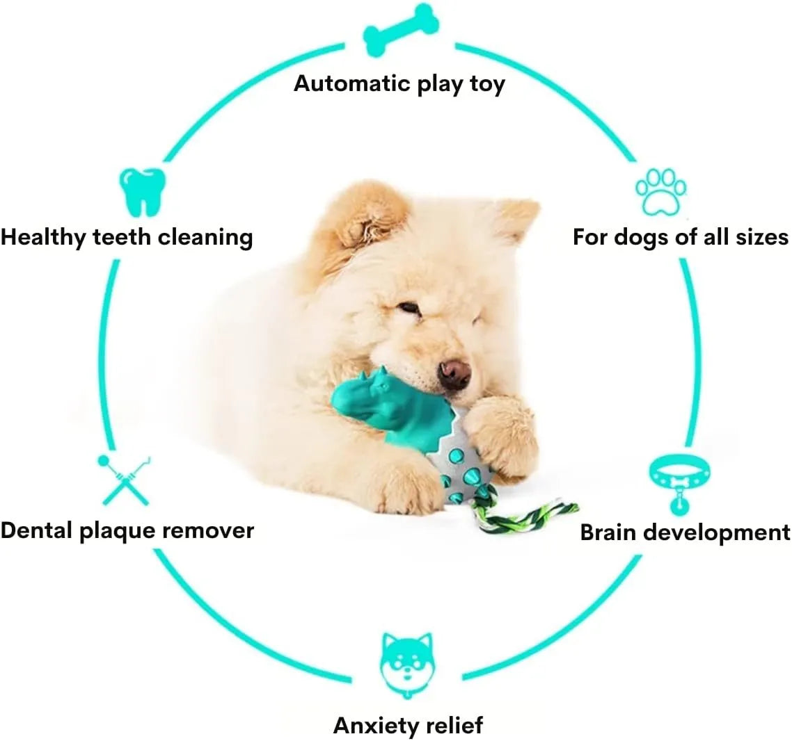 Blue durable dog chew toy shaped like a dinosaur with textured surface and rope, for aggressive chewers.