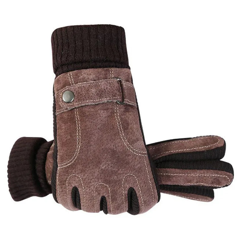 Men's genuine pigskin leather touch screen gloves in brown with fleece lining for winter warmth
