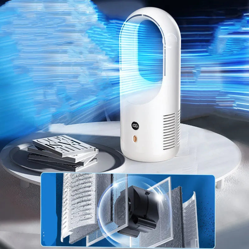 X28 bladeless desktop fan with LED display on a desk next to a Type-C charging cable.