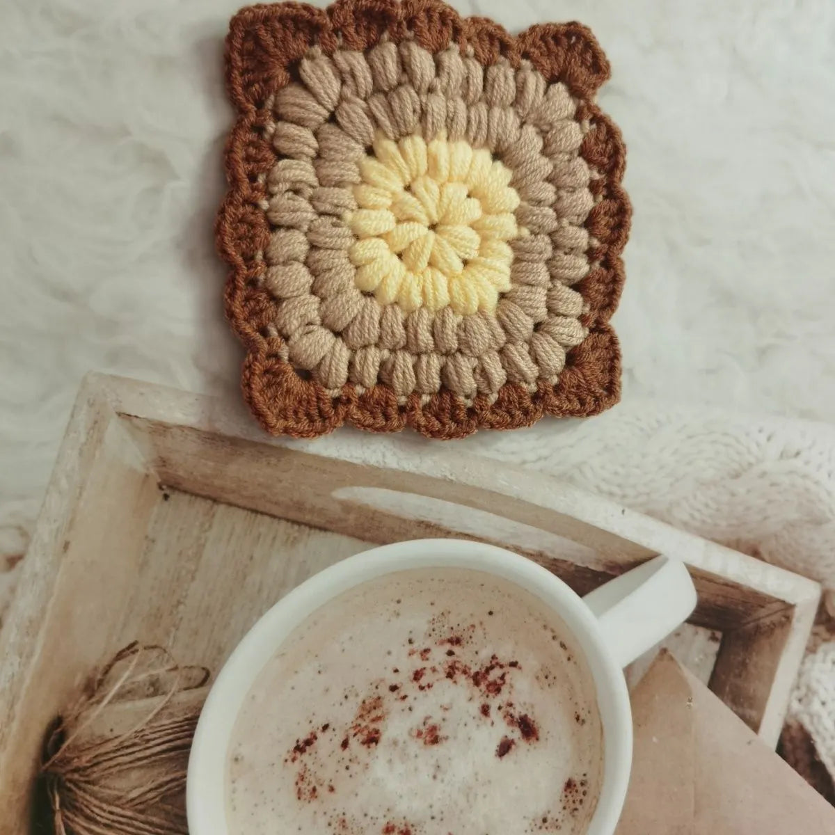 Crocheted wool insulated cup placemat with grandmother lattice pattern in colour choice
