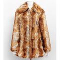 Women's slim-fit tiger print faux fur jacket with long sleeves and a medium length.