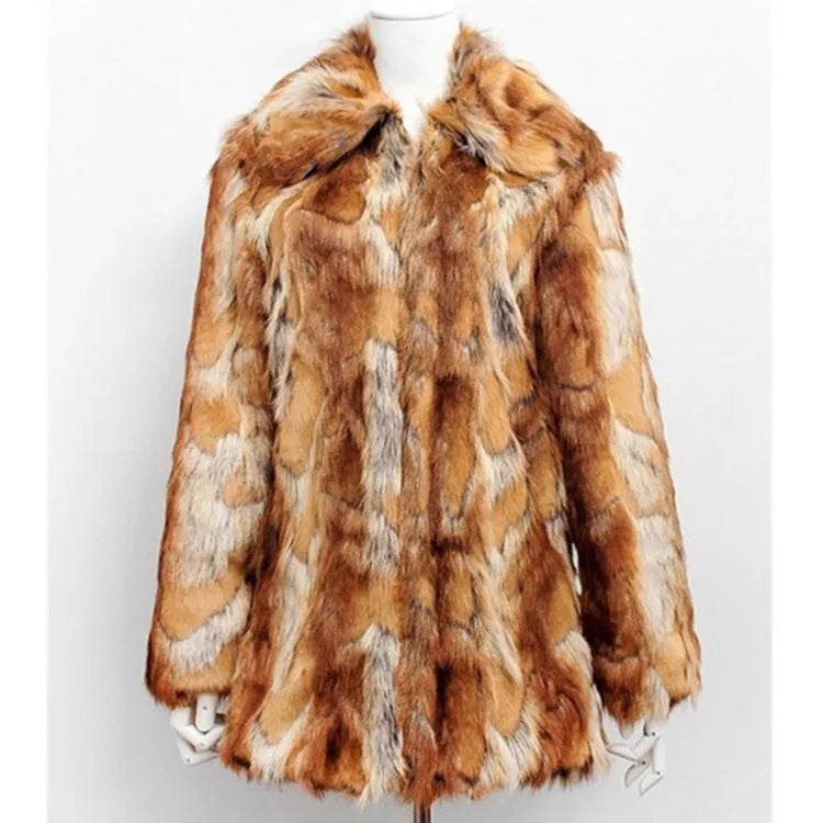 Women's slim-fit tiger print faux fur jacket with long sleeves and a medium length.