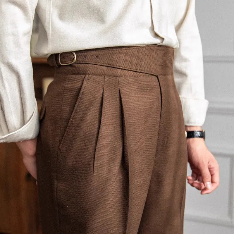 Men's high waist straight leg casual trousers in black, shown flat.