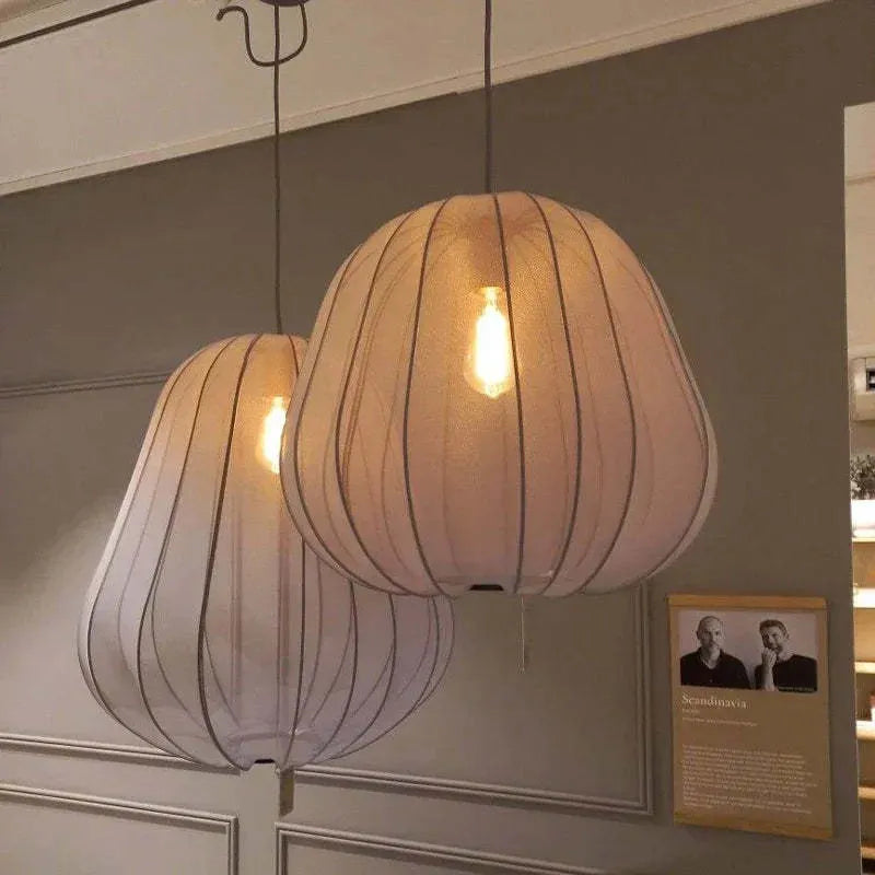Japanese-style grey-blue net pumpkin shaped pendant ceiling lamp with a branched iron frame.