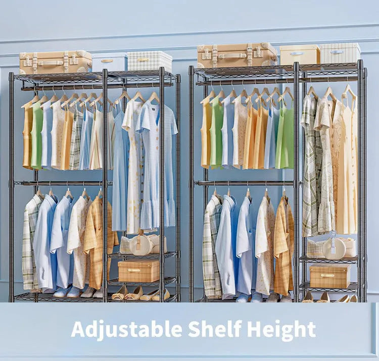 Black metal floor storage rack with carbon steel construction for hanging clothes and garments