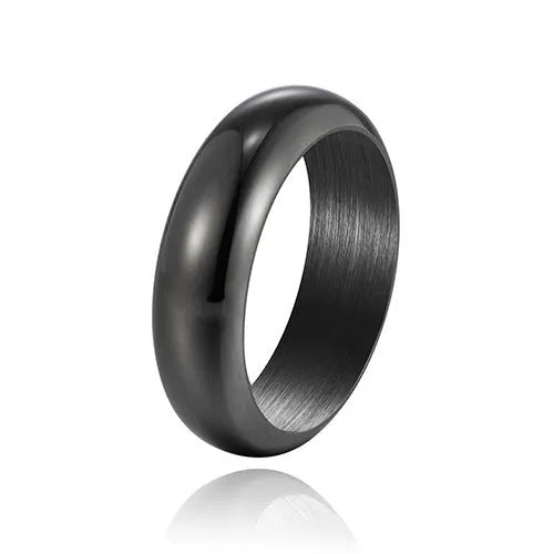 A glossy electroplated titanium steel ring shown in gold, black, and steel colour on a grey background.