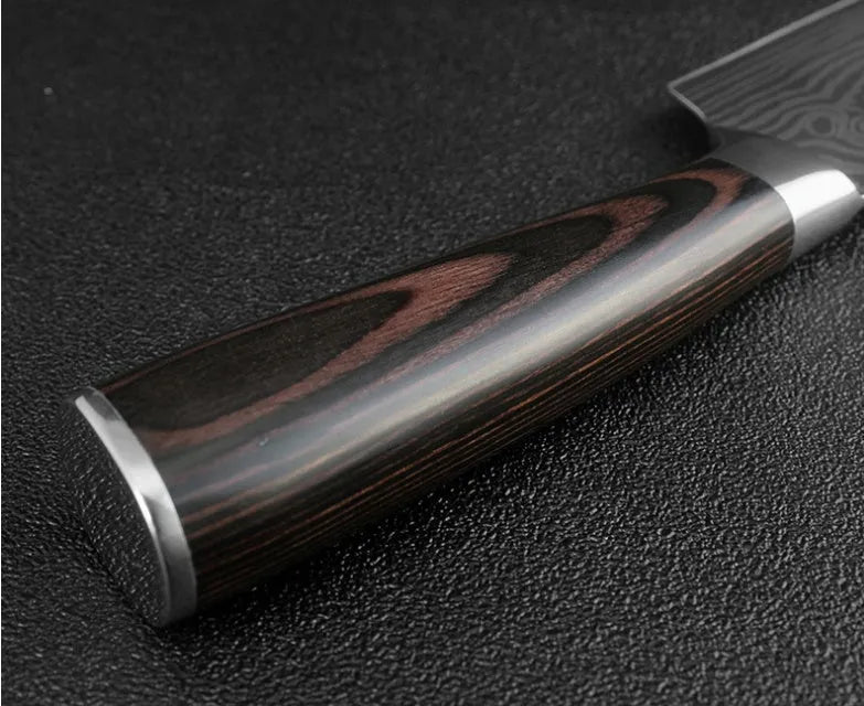 7Cr17 stainless steel kitchen knife with coloured wood handle and Damascus pattern blade on a black gift box.