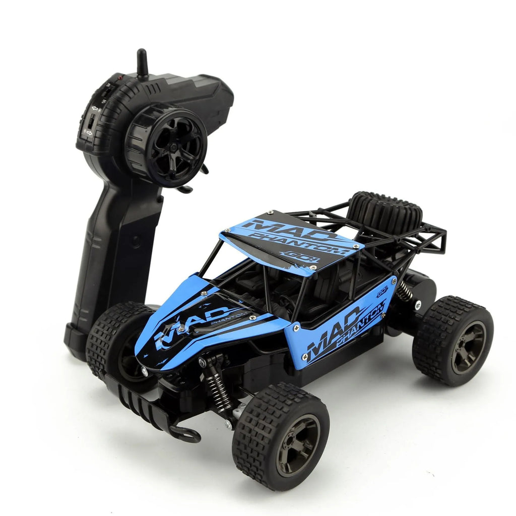 Blue 1:18 scale remote control drift car with 2.4GHz transmitter on black surface