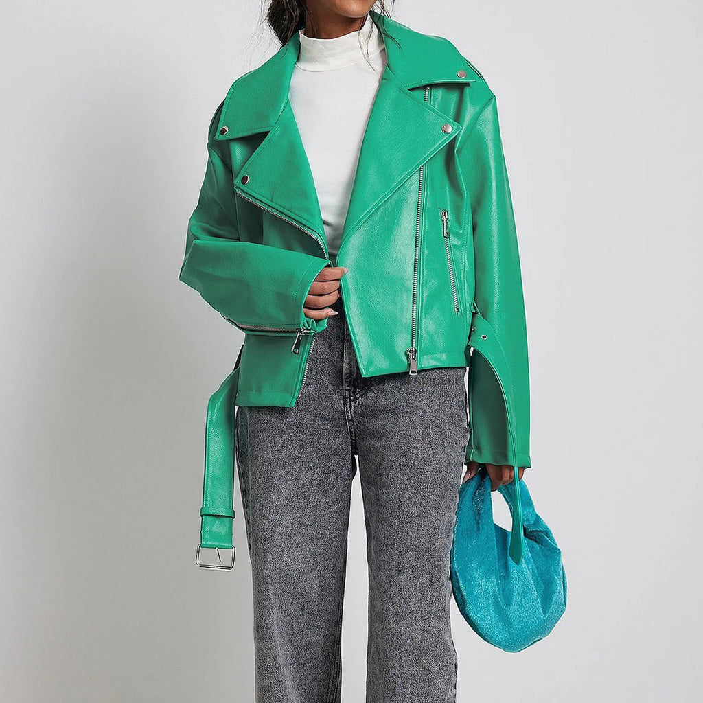 Black punk style short jacket with a belt-fastened lapel and Peter Pan collar.