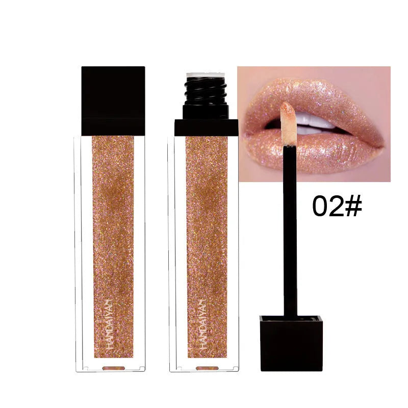 Pearlescent colourful lip gloss tube with shiny waterproof formula in five shades