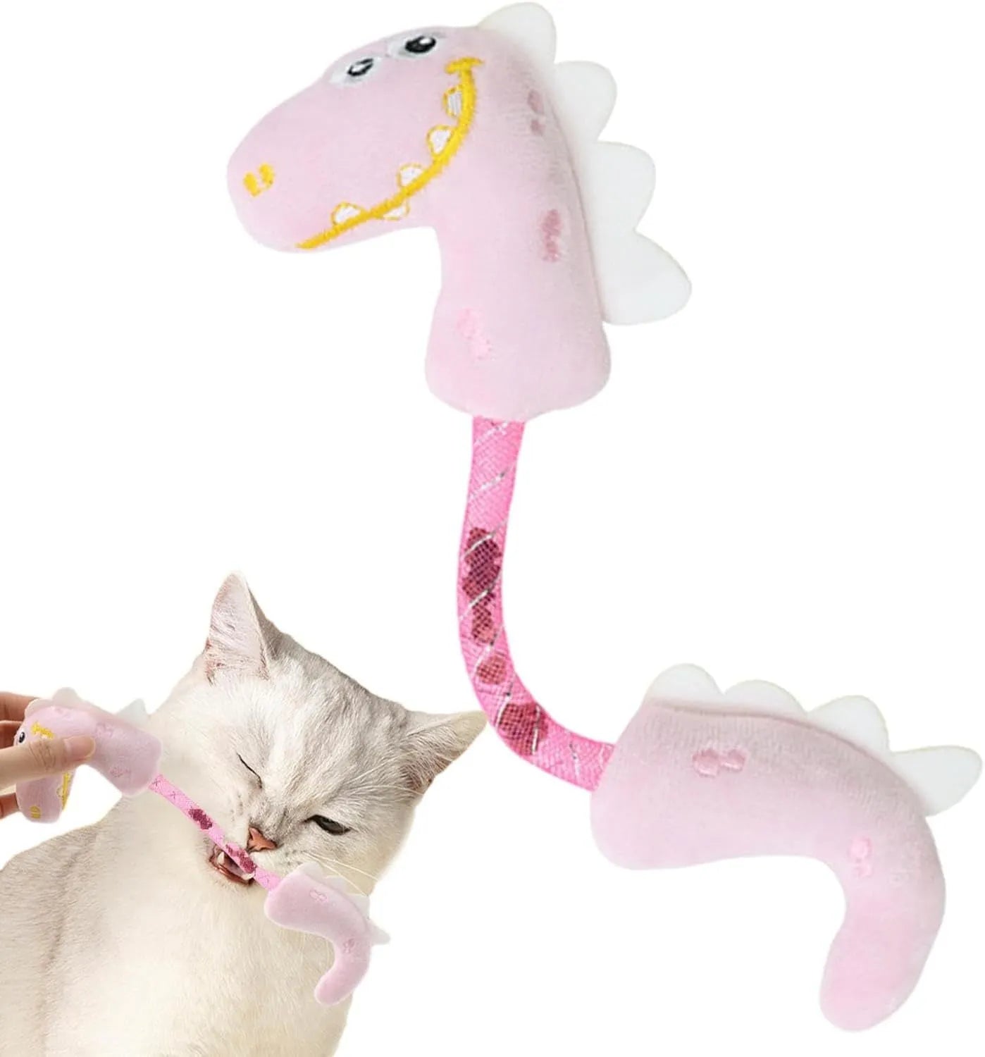 Four interactive cat toys including catnip rope, springs, plush mouse, fish, and bunny on white background