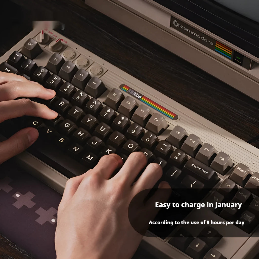 Retro87 C64 wireless Bluetooth mechanical gaming keyboard with rocker switch on desk