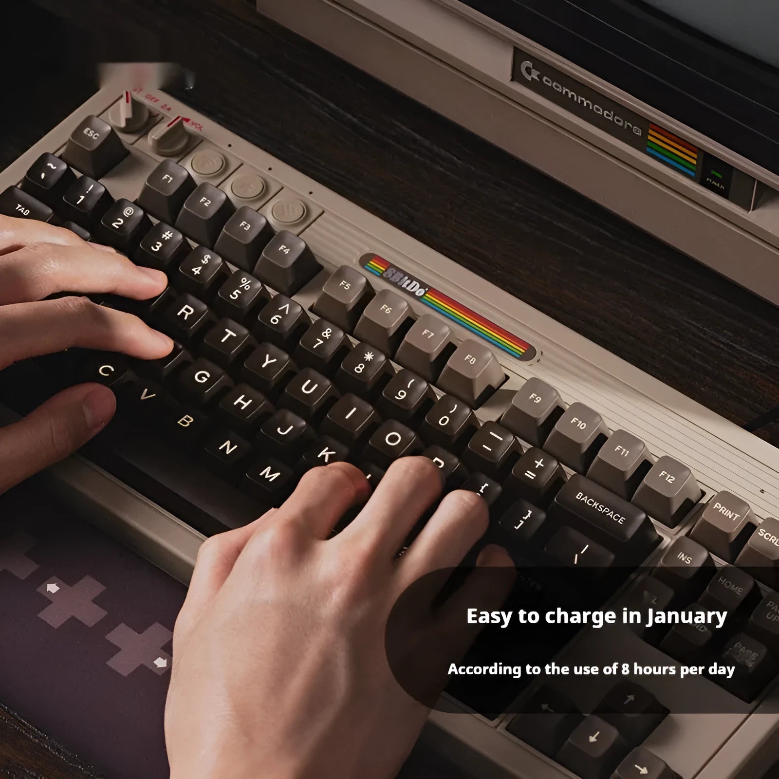 Retro87 C64 wireless Bluetooth mechanical gaming keyboard with rocker switch on desk
