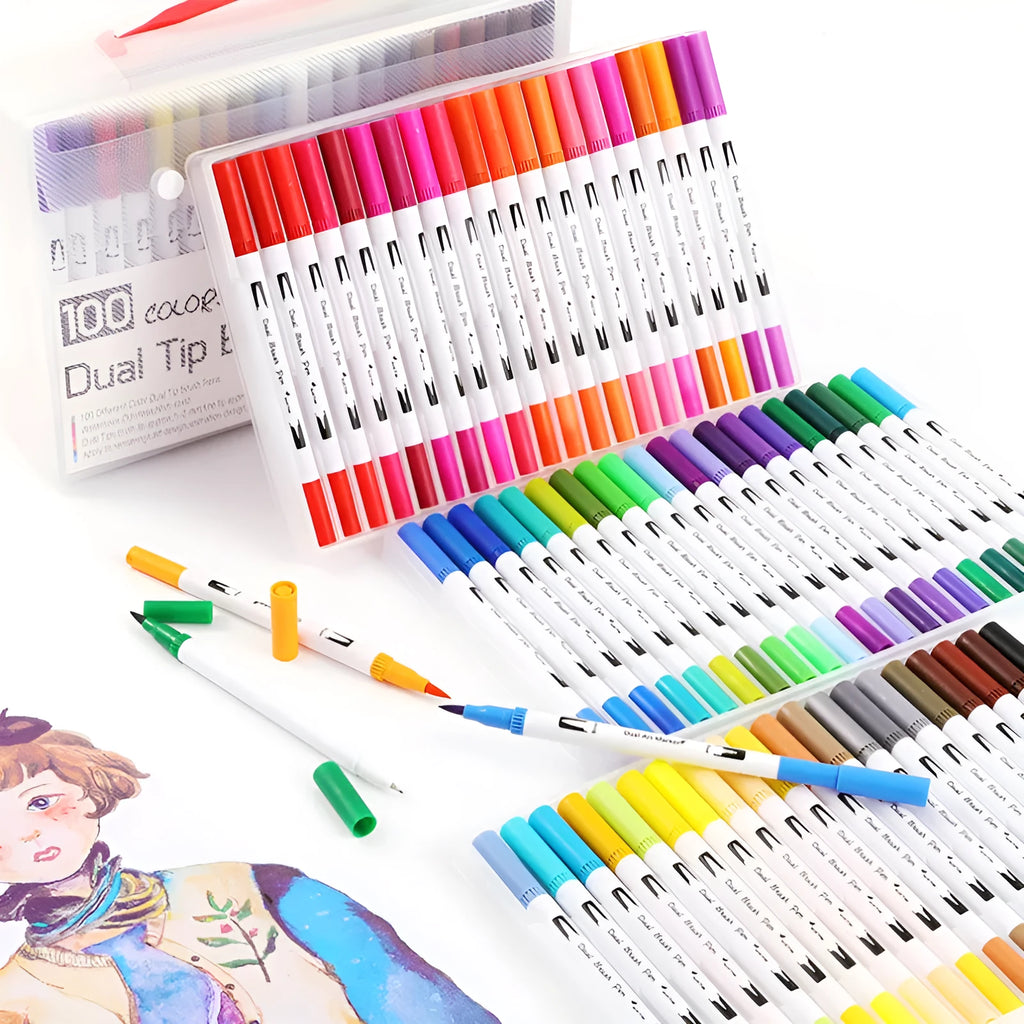 Set of watercolour pens in a case, showing multiple colour options including 100, 72, 60, and 48 count packs.
