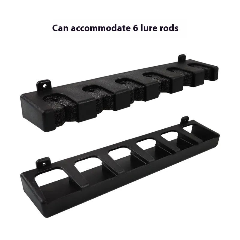 Black ABS plastic wall-mounted fishing rod holder in horizontal and upright frame styles