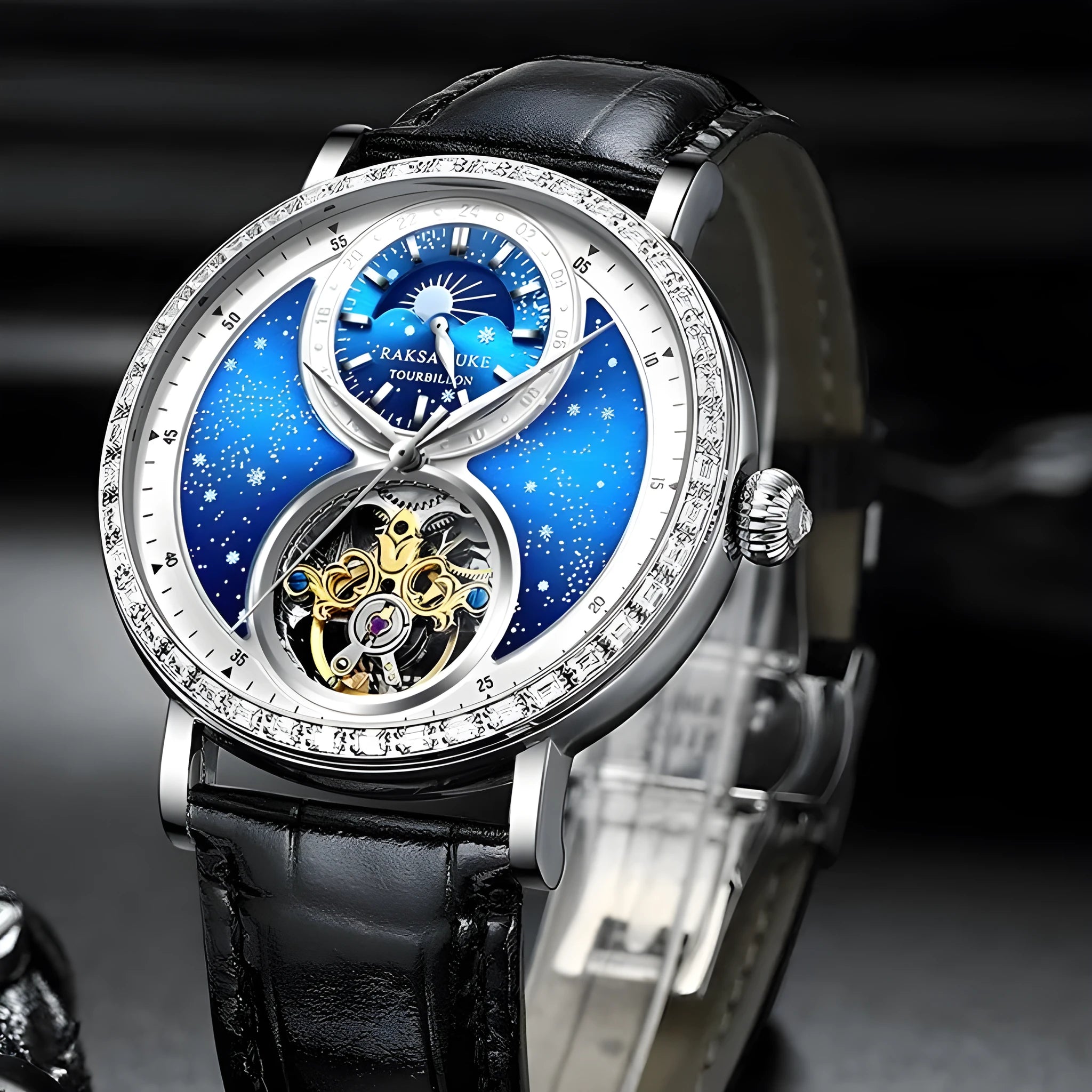 Automatic mechanical watch with black leather strap showing 14mm thick waterproof case on wrist