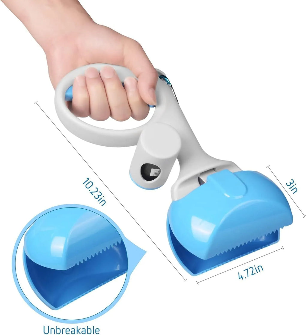 Black ABS plastic pet pooper scooper with integrated trash bag holder and top hanging hook.