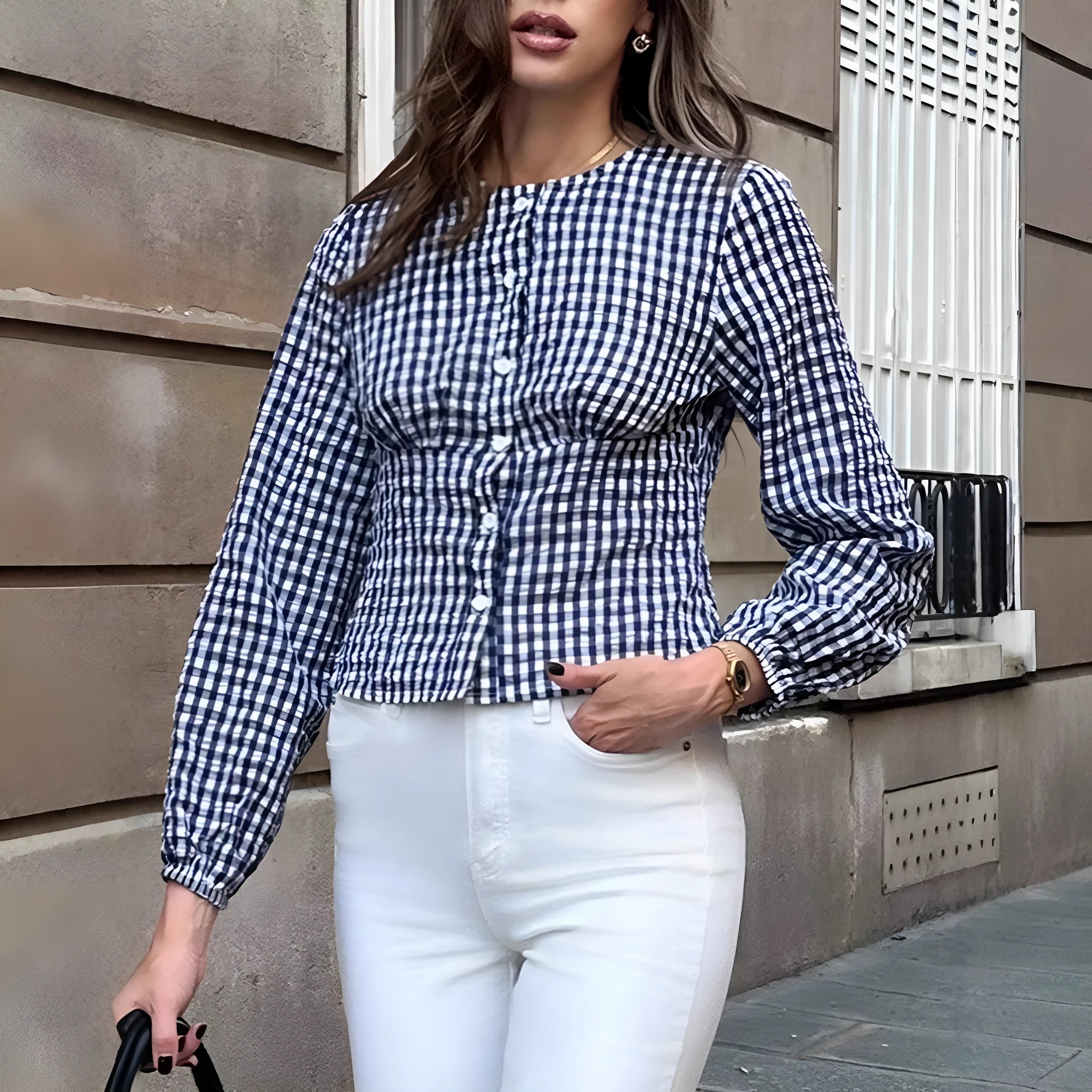 Women's retro casual round neck long sleeve plaid shirt in dark blue with spliced detailing