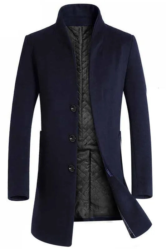Men's mid-length slim fit hooded cotton blend trench coat in 825 navy blue with lapel collar and multi-pockets
