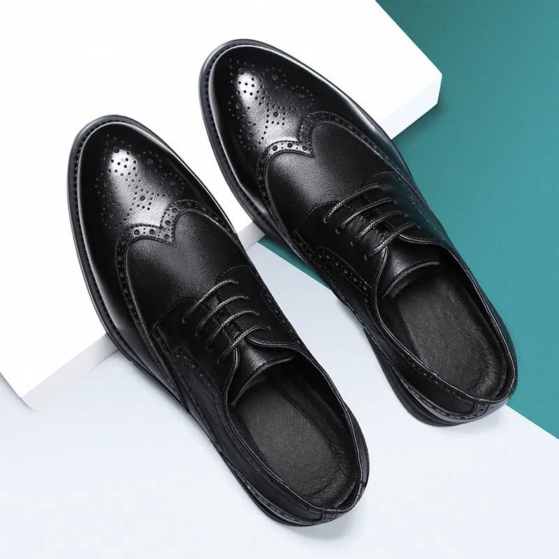 Men's black and brown brogue leather shoes for business wear with traditional perforated detailing