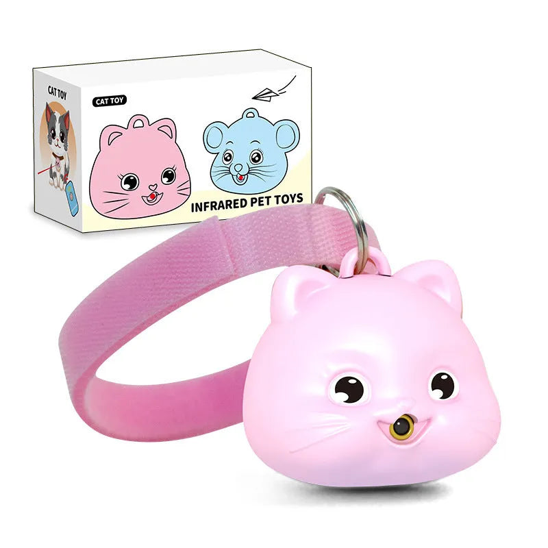 Rechargeable remote control cat infrared halter collar toy with adjustable strap, shown in pink and blue colour options