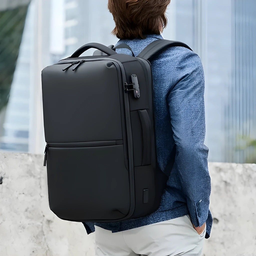 Black Oxford cloth vacuum compression backpack with air pump for business travel
