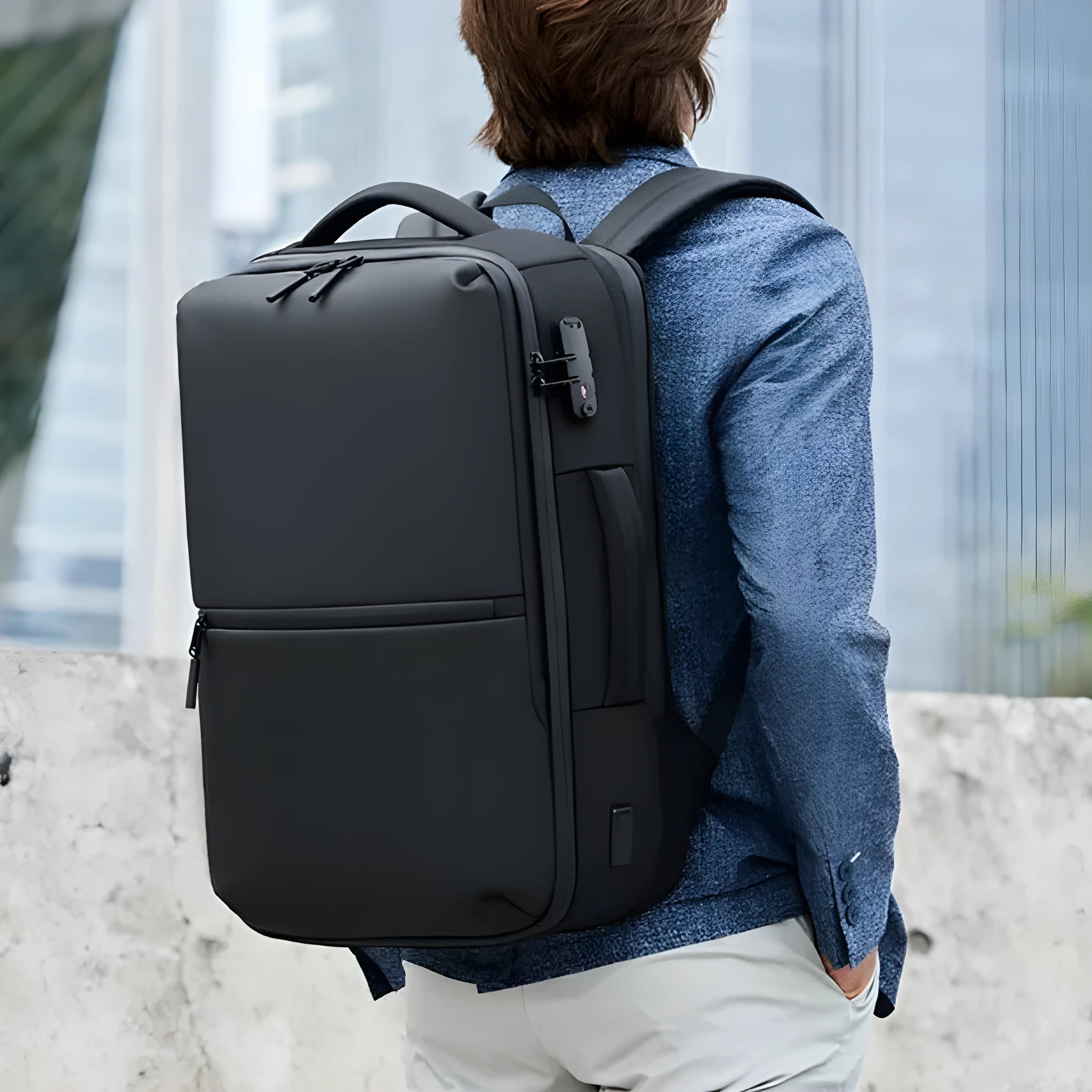 Black Oxford cloth vacuum compression backpack with air pump for business travel