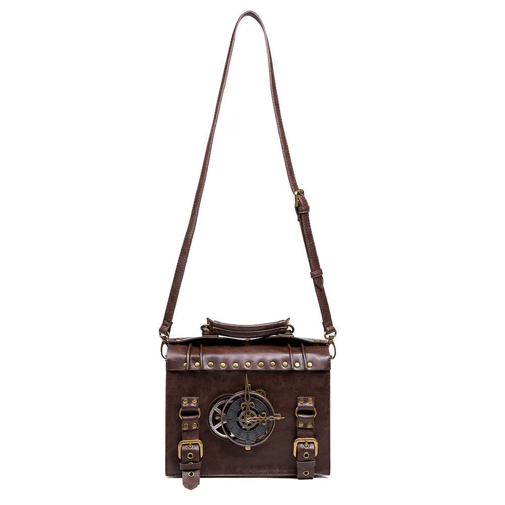 Bronze steampunk industrial retro style shoulder bag with metal hardware and pillow shape