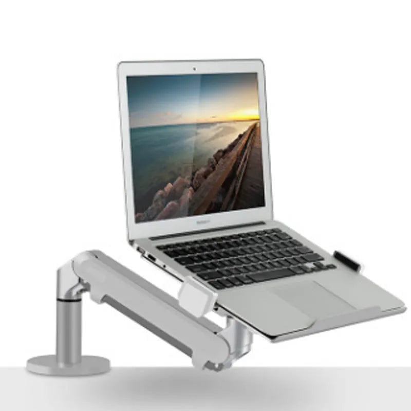 Silver aluminium computer stand with adjustable air pressure arm bracket for laptop support