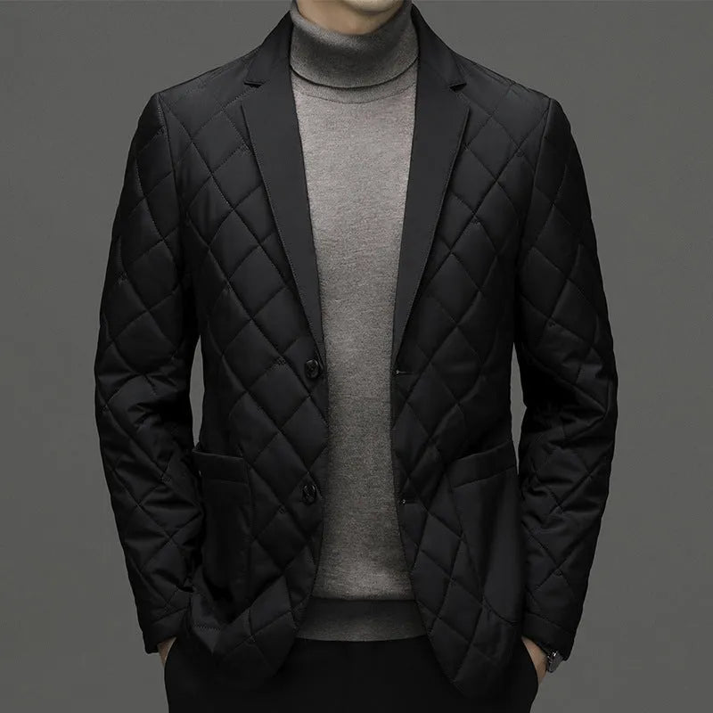 Men's thick winter down jacket in lapel cardigan style with side seam pockets