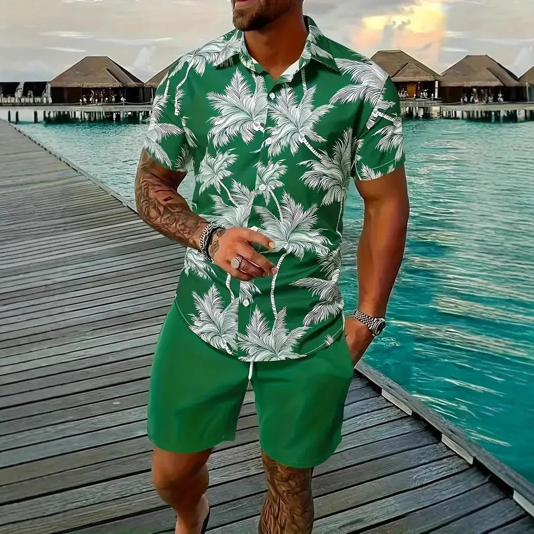 Man wearing a 3D printed Hawaiian pattern short sleeve top and matching shorts casual suit set.