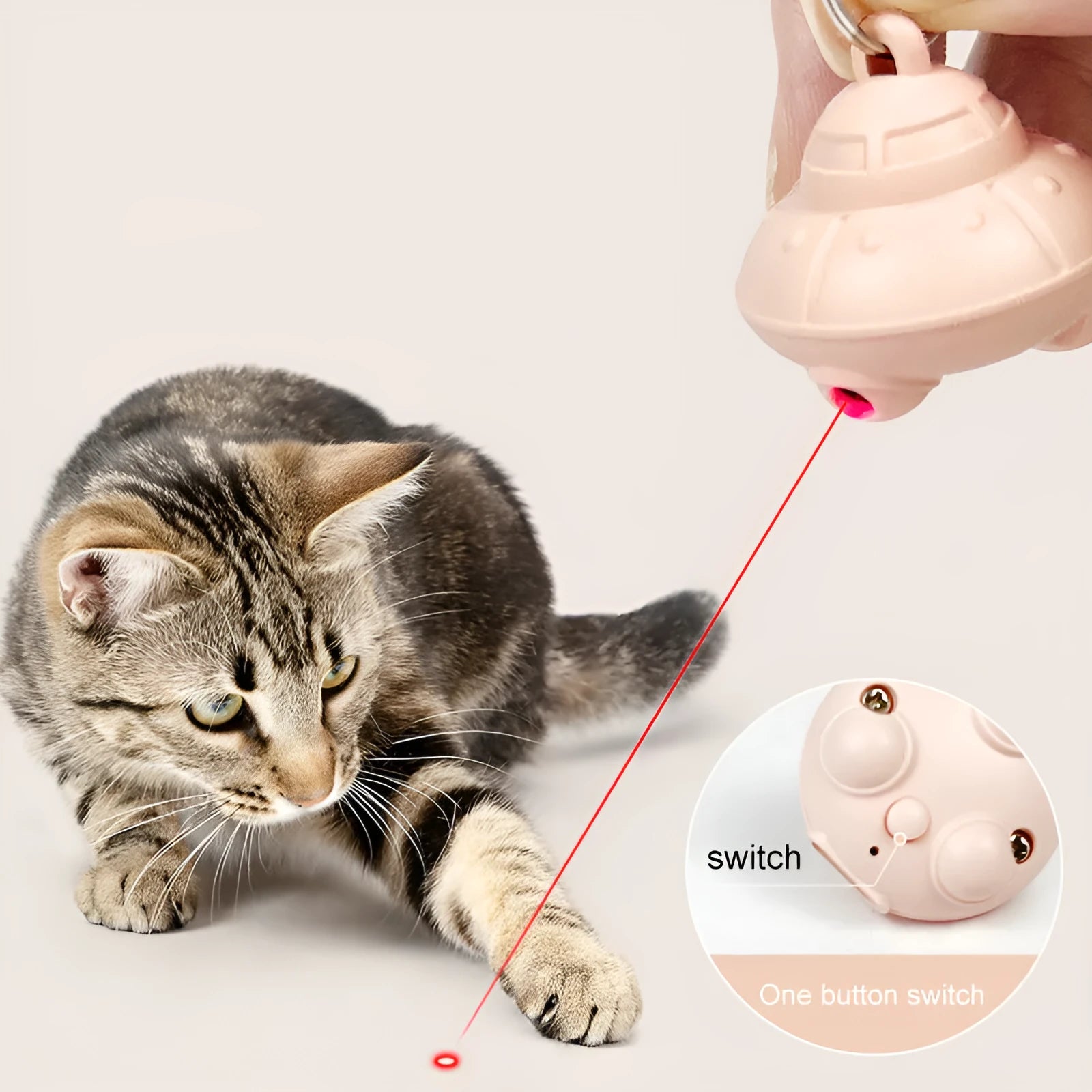 Green automatic cat collar laser toy showing 3×3×2.5cm dimensions with USB charging port