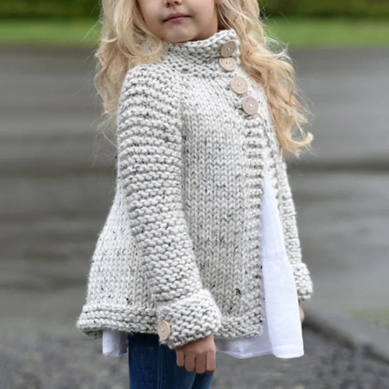Beige long sleeve cardigan for girls with single-breasted front, made from a knitted rabbit hair blend.