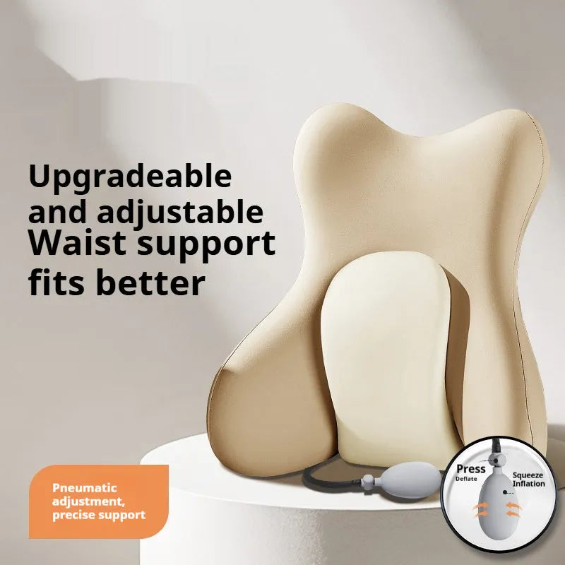 Brown ergonomic memory foam backrest waist pad with removable cover on an office chair.