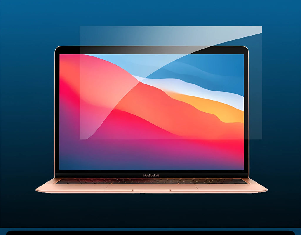 MacBook tempered glass screen protector for 13-inch Air and Pro models on a clean laptop screen.