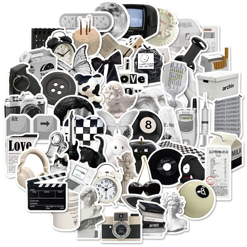 61-piece black and white PVC waterproof sticker pack for laptops and coffee cups
