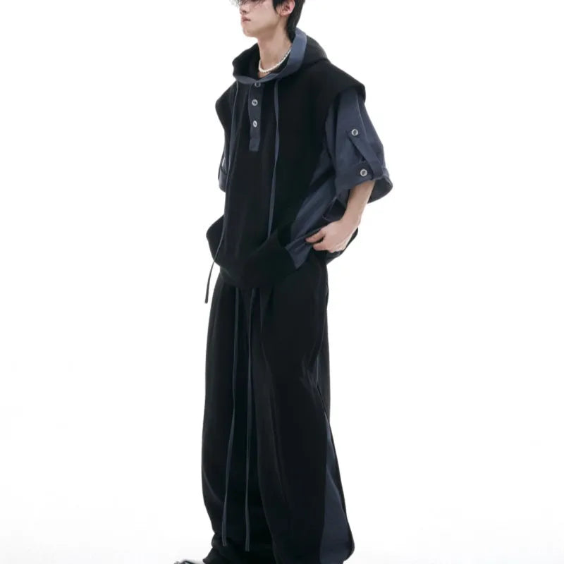 Men's black hooded polyester sports suit with three-dimensional stitching and matching trousers